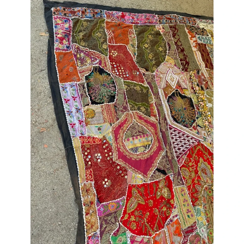 Vintage Indian Heavily Beaded Art Decor Sari Zari Wall Hanging Tapestry 75x93